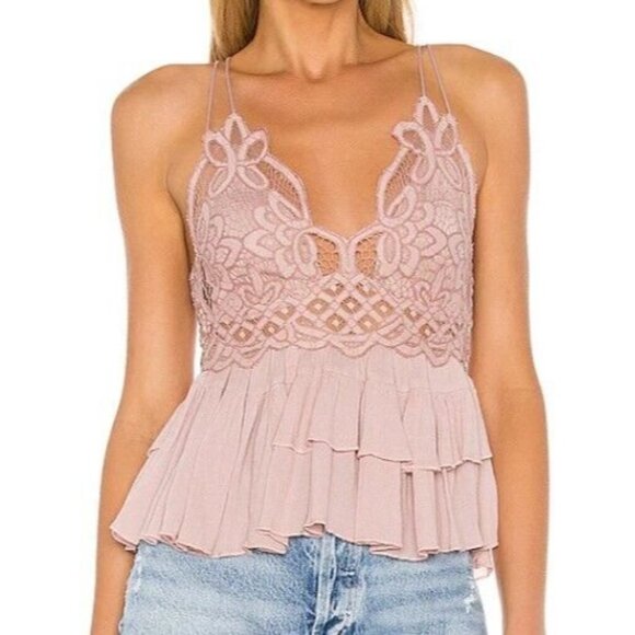 Free People Tops - Free People Pink Cami Tank Top Lace Boho Ruffle Women Size XS NWT